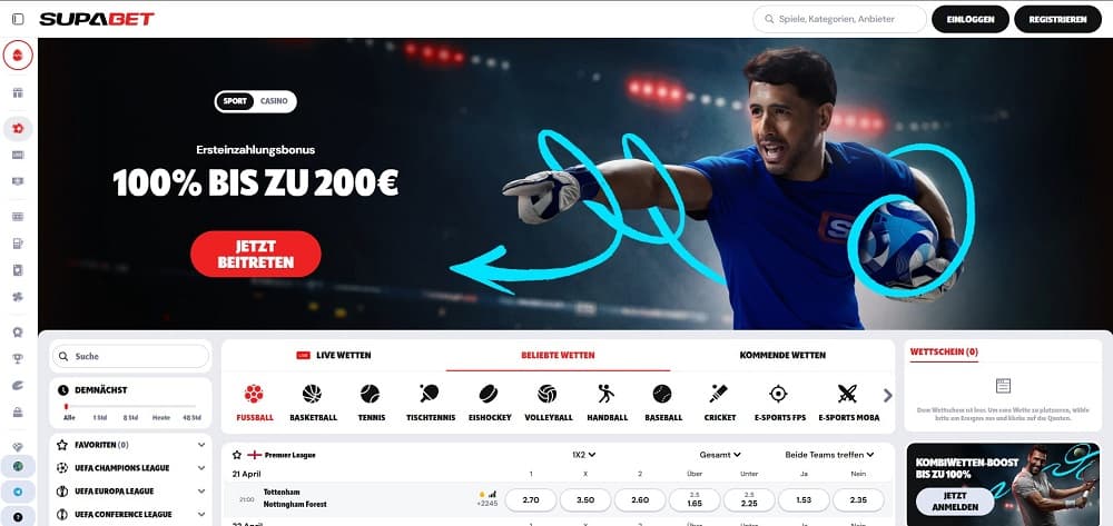 Screenshot der SupaBet Casino-Startseite mit vorgestellten Spielautomaten wie Joker Cashpot, Cash of Egypt und Book of Ra Deluxe 6.